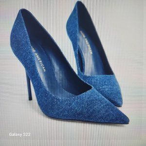 Good American "Emma" Blue Denim Heels. NWT/NIB. Various